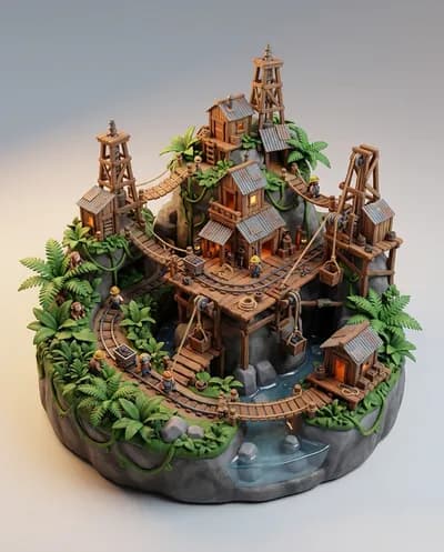 Premium 3D collectible diorama of a jungle mining settlement on a volcanic slope, rope bridges between drilling towers, tropical foliage, three-quarter
