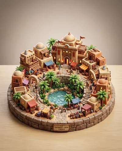 Premium 3D diorama of a desert oasis settlement with sandstone merchant buildings, palm trees, and an oasis pool, three-quarter tabletop display angle, neutral