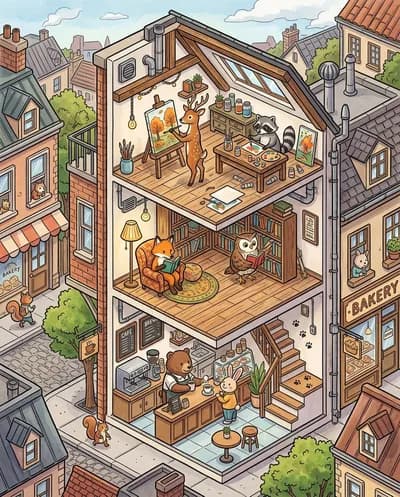 A highly detailed isometric 2.5D architectural slice illustration of a lively community building shown as a cropped section of a...