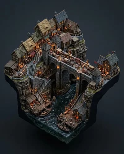 A premium stylized miniature diorama depicting a bustling trading settlement built around a large weathered stone bridge spanning a deep...