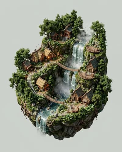 A premium stylized miniature diorama depicting a peaceful village built along a tall forest waterfall edge, the entire terrain floating...