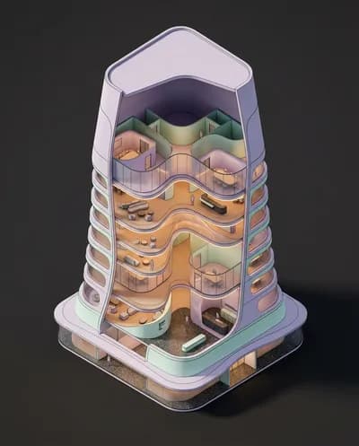 Ein konzeptionelles architektonisches isometrisches Modell eines organisch geformten Firmenbüroturms, Diorama im Ausstellungsmaßstab, betrachtet aus einer