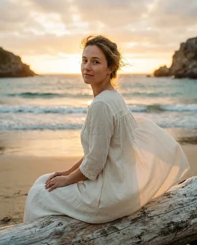 Cinematic golden hour beach portrait on driftwood, dress billowing in breeze, blazing golden rim halo, warm-cool ocean split