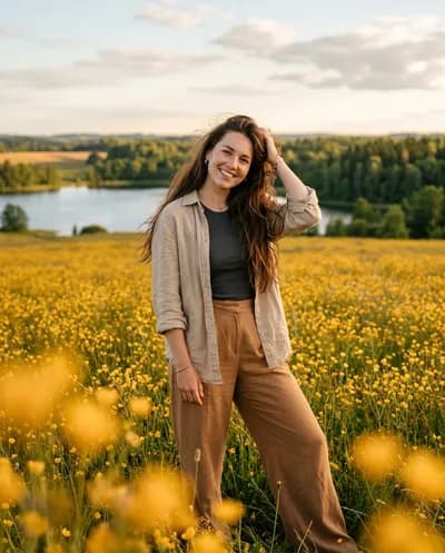 Woman standing in a golden wildflower field touching her hair, warm bokeh flowers in foreground, lake and sky behind
