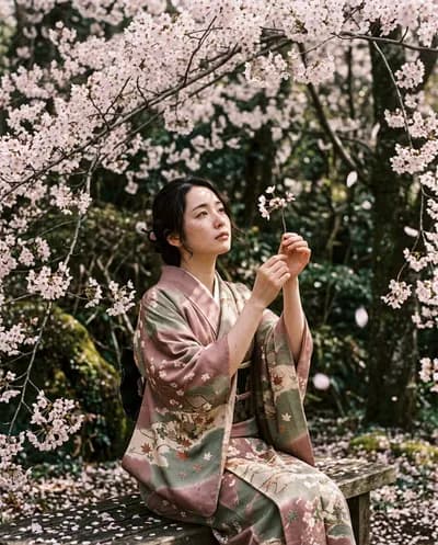 Japanese woman in dusty rose kimono looking up at a cherry blossom twig, dappled light filtering through the dense canopy above