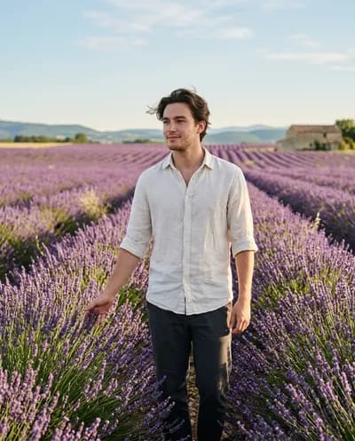 Cinematic portrait in a Provence lavender field at golden sunrise, brushing flower tops, warm amber light and violet shadows