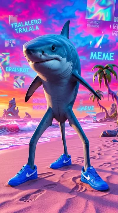 Photorealistic Tralalero Tralala blue shark standing on three fin-legs wearing bright blue Nike sneakers, smug expression