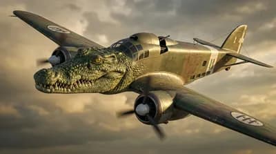 Photorealistic Bombardiro Crocodilo WWII bomber plane with crocodile head instead of cockpit, dramatic sky