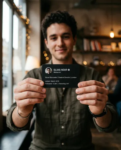 A photorealistic high-end editorial photograph of a sleek matte-black social media profile card with softly rounded corners and minimalist white...