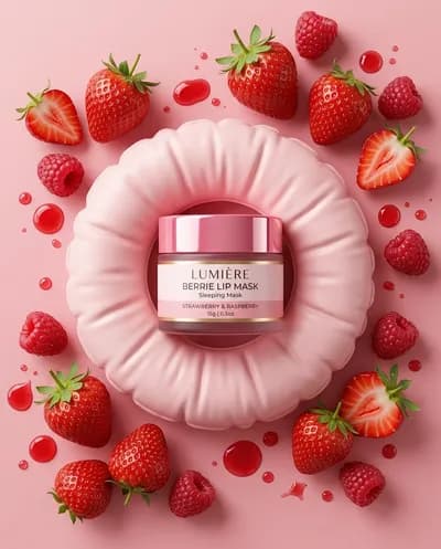 Minimalist cosmetic product photography of a berry-flavored lip sleeping mask jar placed in the center of a soft inflated ring...