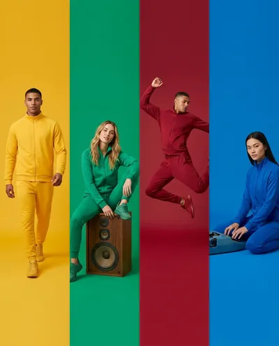 A high-quality split-screen fashion editorial advertisement composed of multiple side-by-side vertical panels, each filled with a different bold solid color...