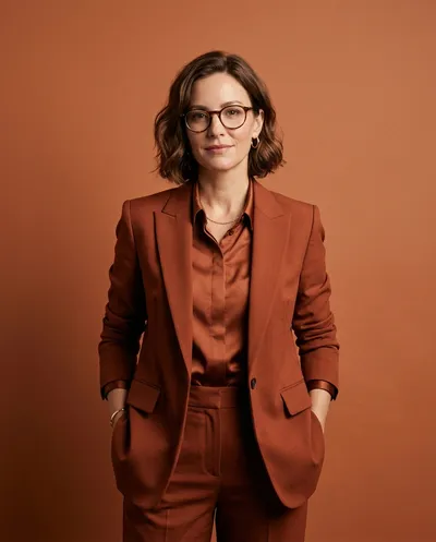 An elegant studio portrait of a confident woman wearing a monochromatic burnt-sienna tailored suit consisting of a structured blazer with...