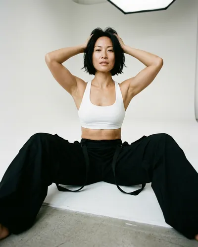Minimalist dance editorial, wide-legged seated pose with hands in hair, white-on-black tonal contrast, intimate studio