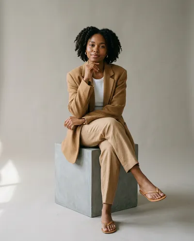 Minimalist fashion studio portrait seated on geometric cube, camel blazer with warm glow, contemplative expression, neutral backdrop