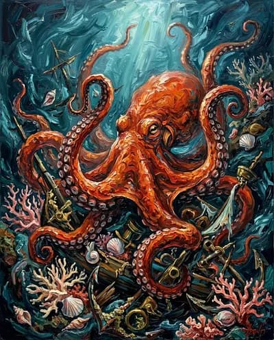 A chaotic, highly detailed oil painting depicting a vibrant vermilion-orange octopus filling the entire frame, its massive body centrally positioned...