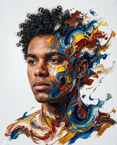 A hyper-realistic abstract portrait of a young man with curly hair, created using thick expressive oil paint strokes conveying raw...