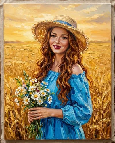 An impasto oil painting portrait of a young woman with berry-red lips with a subtle glossy quality and long warm...