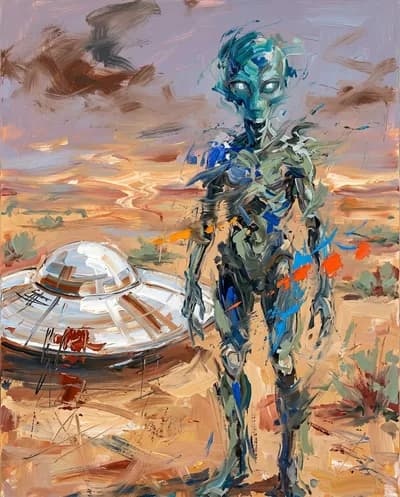 A surreal, abstracted alien figure stands tall in a vast windswept desert beside its gleaming flying saucer, rendered in an...