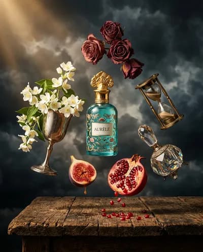A surreal baroque-inspired luxury perfume advertisement featuring an ornate turquoise floral-patterned glass bottle with an elaborate gilded gold cap