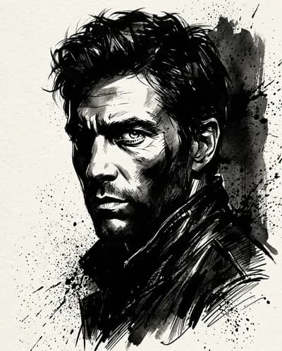A high-contrast ink noir portrait in three-quarter view, illustrated entirely with expressive black ink strokes and controlled splatter technique. Heavy...