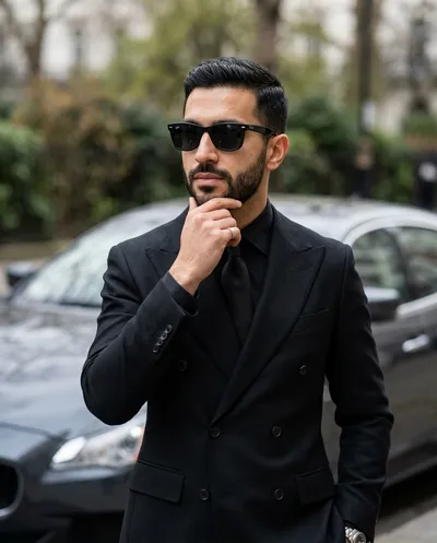 Man in black double-breasted suit with contemplative hand gesture, dark luxury car behind, editorial street-style fashion