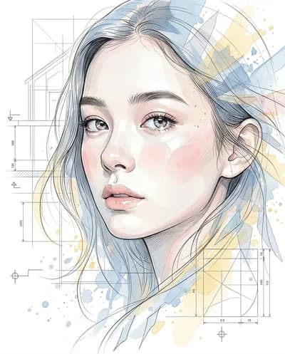 A blend of high-end illustrative realism with delicate ink lines and soft watercolor strokes throughout. The face is rendered with...