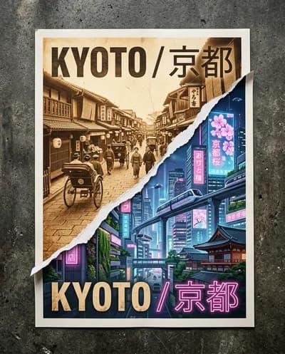 Torn Poster Revealing Two Contrasting Eras of a Historic City