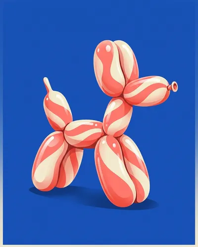 Une illustration minimaliste rétro d'un chien en ballon fabriqué à partir d'un matériau de ballon brillant et réfléchissant, présentant un rose corail et un