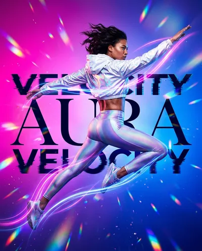 Une publicité de mode dynamique pour une marque de sport montrant un mannequin hyperréaliste capturé en pleine torsion dans un saut explosif, son...