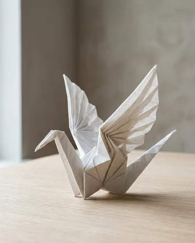 Une photographie hyperréaliste en gros plan d'une magnifique sculpture de grue en origami fabriquée à partir de papier blanc plié de manière complexe, exposée