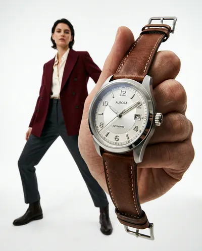 A low-angle fashion campaign photograph of a confident model holding a large luxury wristwatch very close to the camera, the...