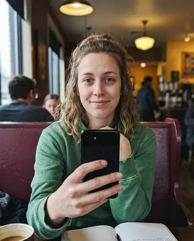 Selfie lo-fi Android en caméra frontale d'une femme d'une vingtaine d'années dans une cabine de café avec un demi-sourire naturel.