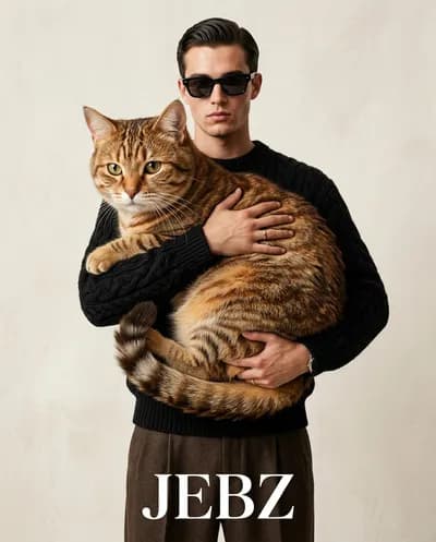 Éditorial de mode surréaliste d'un homme en lunettes de soleil noires serrant un chat tigré surdimensionné dans un studio épuré avec le texte JEBZ