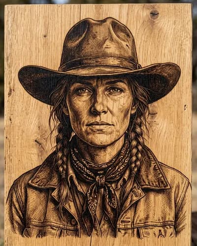 Un portrait ultra-détaillé de la frontière occidentale gravé dans du bois naturel dans un style pyrogravure authentique. Le sujet est rendu comme un