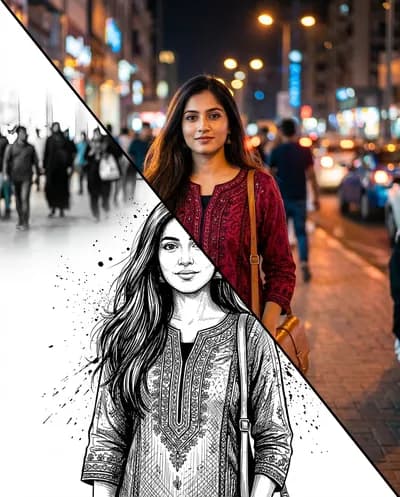 Une transformation de portrait de style divisé montrant la même femme divisée le long d'une ligne diagonale dramatique de la partie supérieure gauche à la...