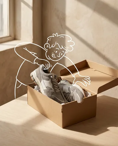 A pair of premium athletic sneakers resting in their open shoebox, presented as minimalist product photography in a clean warm...