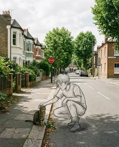 Une photographie réaliste d'une rue résidentielle calme baignée par la douce lumière du jour de l'après-midi avec un éclairage naturel projetant des ombres