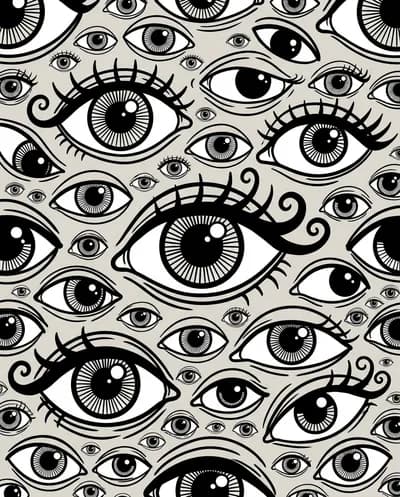 Un motif répétitif dense composé entièrement d'yeux dessinés à la main sur un fond gris chaud clair, rendu en noir gras...