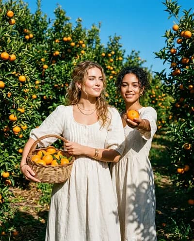 Deux femmes en lin ivoire dans un verger d'agrumes ensoleillé, lumière dorée tachetée à travers les arbres à tangerine, orange vif et vert émeraude
