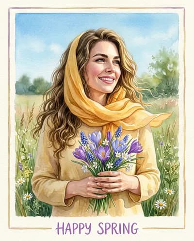 Une composition de carte de vœux de printemps dans un style aquarelle réaliste. Une femme aux cheveux épais et brillants tombant librement sur ses épaules,...