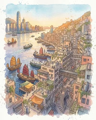 Une illustration fantastique à l'aquarelle dessinée à la main représentant une ville dense à flanc de colline descendant vers un large port fluvial à l'heure