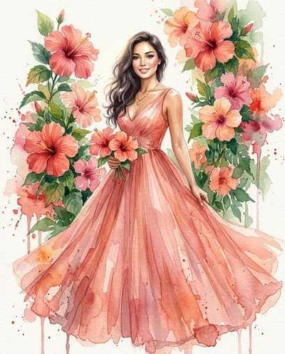 Un portrait doux à l'aquarelle d'une belle femme de trois quarts, portant une élégante robe de bal fluide dans une lumière...