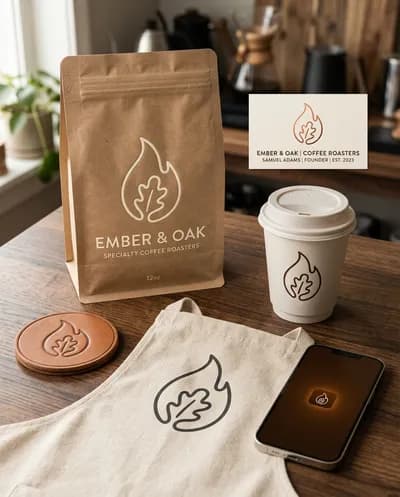 Une image principale professionnelle d'étude de cas d'identité de marque pour un torréfacteur de café spécialisé fictif appelé "Ember & Oak" dont le logo est