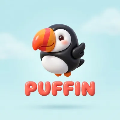 Un rendu de logo 3D gonflé et doux pour une marque de snacks pour enfants fictive appelée "Puffin" : le logotype est un macareux rond et potelé fait d'un