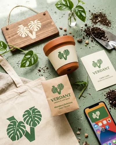 Une image principale de portefeuille d'identité de marque pour une boutique de plantes urbaine fictive appelée "Verdant" dont le logo est un monogramme V formé