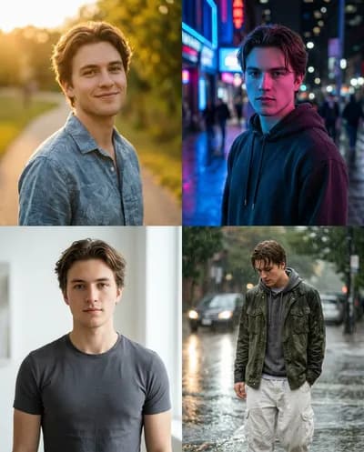 A cinematic two-by-two grid layout featuring a young man shown across four different environments and moods while maintaining consistent identity...