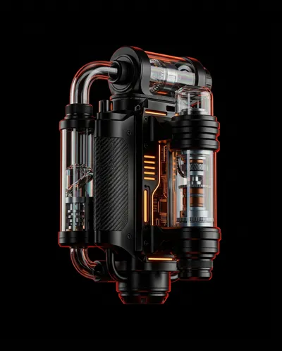 Hyper-realistic industrial product photography in a noir techcore aesthetic, featuring a product levitating in a pure void environment. The subject...