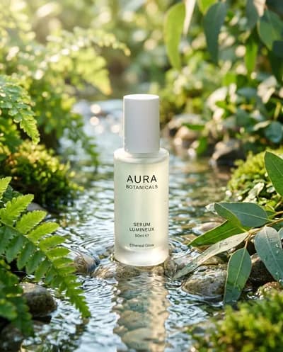 A high-end product photograph of a minimalist skincare bottle crafted from frosted glass, its translucent surface catching and diffusing light...
