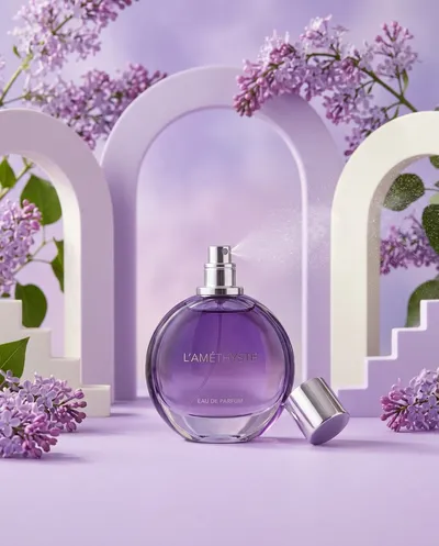 An ultra-realistic commercial product photograph of a luxury perfume bottle filled with translucent amethyst-violet liquid, the elegant round glass bottle...