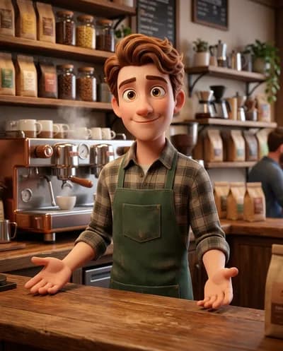 Un personaje renderizado en 3D de alta calidad de un joven y amigable barista con ojos grandes y expresivos que transmiten calidez y un cabello castaño rojizo